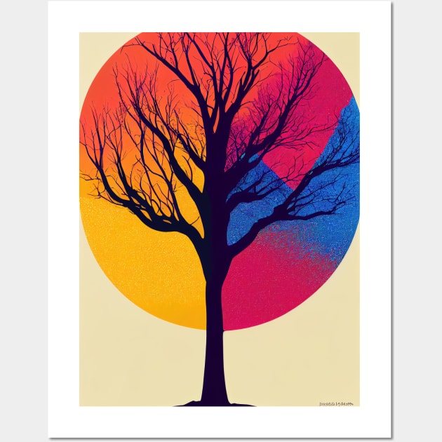 Rainbow Abstract Moon Vibrant Colored Whimsical Minimalist Lonely Tree - Bright Colorful Nature Poster Art of a Leafless Branches Wall Art by JensenArtCo